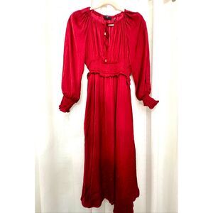 NWT T Tahari Women's Split Neck Airflow Smocked Midi Dress Rich Carnelian Sz PS